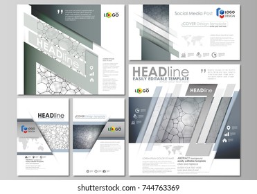 Social media posts set. Business design templates. Vector layouts in popular formats. Chemistry pattern, molecular texture, polygonal molecule structure, cell. Medicine, science, microbiology concept.