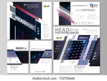 Social media posts set. Business template. Layouts in popular formats. Abstract colorful neon dots, dotted technology background. Glowing particles, led light pattern, futuristic digital vector design