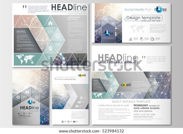Social media posts set. Business templates.\
Cover design template, easy editable, flat layouts in popular\
formats. DNA molecule structure on blue background. Scientific\
research, medical\
technology