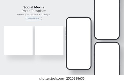 Social Media Posts. Smartphones WIth Blank Screens And Square Templates For Showing Your Designs. Vector Illustration