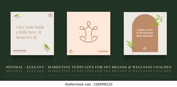 Social media posts for Spa brands, salon business and wellness coaches. Inspirational self love quotes square post set with minimal style elegant vector creatives llustrations.