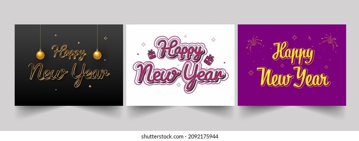 Social Media Posts Or Template Design With Happy New Year Font In Three Color Options.