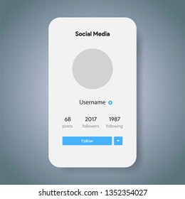 Social media preview page inspired by instagram. Internet profile information. Follow button. Photo mockup, template.  Vector illustration insta.