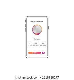 Social media preview page inspired. on the screen smartphone Internet profile information. Follow button. Photo mockup, template. Vector illustration