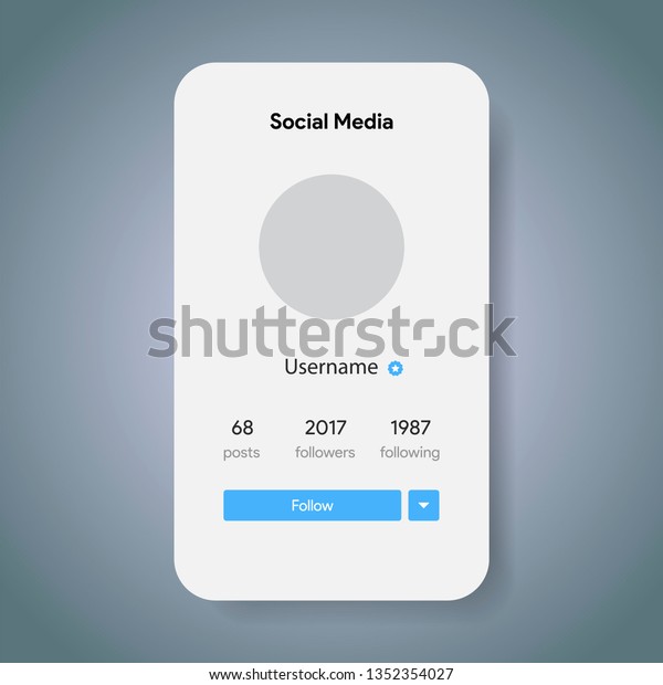 Instagramにヒントを得たソーシャルメディアのプレビューページ インターネットプロファイル情報 フォロー ボタン 写真モックアップ テンプレート ベクターイラスト のベクター画像素材 ロイヤリティフリー