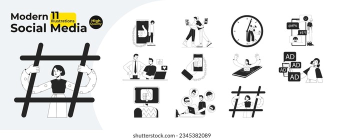 Social media problems bw concept vector spot illustrations bundle. Internet dependence 2D cartoon flat line monochromatic characters for web UI design. Editable hero image collection