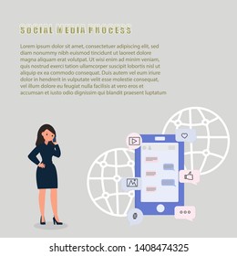 Social media process landing page concept. Vector Illustration On Blue Background. Flat Style Business Concept