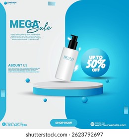 Social media product sale advertisement, cosmetic poster design with 3D rendered podium and blue gradient color.  Realistic product sale podium background design vector. Cosmetics product ads design. 
