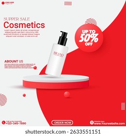 Social media product sale poster design template in an isolated background. 3D minimalist product display presentation design. Cosmetics product sale flyer design with a discount tag. Product mockup. 