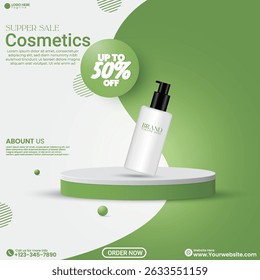 Social media product sale poster design template in an isolated background. 3D minimalist product display presentation design. Cosmetics product sale flyer design with a discount tag. Product mockup. 