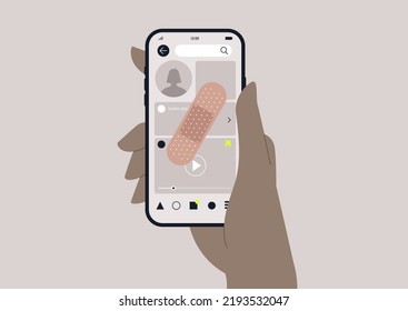 Social media profile fixed with an adhesive bandage, cancel culture concept, healing and protection