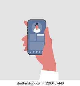 Social media profile. Hand holding a smartphone. Millennial lifestyle. Communication technologies. Flat editable vector illustration, clip art