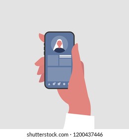 Social media profile. Hand holding a smartphone. Millennial lifestyle. Communication technologies. Flat editable vector illustration, clip art