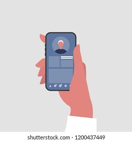 Social media profile. Hand holding a smartphone. Millennial lifestyle. Communication technologies. Flat editable vector illustration, clip art