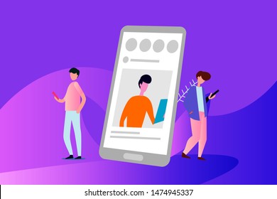 social media profile. social media marketing vector concept illustration, happy woman and men give like comment on Instagram, can use for, landing page, template, ui, web, homepage, poster