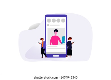 social media profile. social media marketing vector concept illustration, happy woman and men give like comment on Instagram, can use for, landing page, template, ui, web, homepage, poster