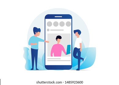 social media profile. social media marketing vector concept illustration, happy woman and men give like comment on Instagram, can use for, landing page, template, ui, web, homepage, poster