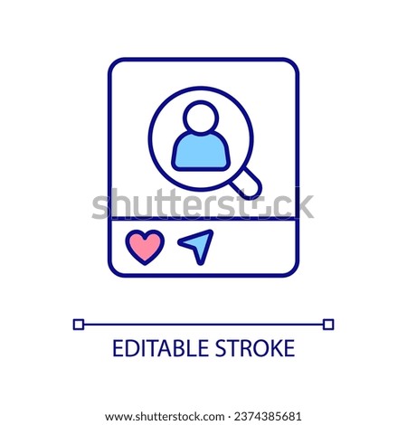 Social media profile RGB color icon. Online presence. User account. Post interaction. Behaviour research. Isolated vector illustration. Simple filled line drawing. Editable stroke. Arial font used