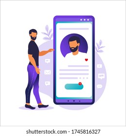 Social media profile. Smartphone with a man avatar, text and button. Concept of social media, virtual relationship communication. Different icons with likes. Vector illustration in flat.