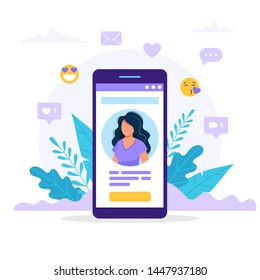 Social media profile. Smartphone with a woman avatar, text and button. Differents icons with likes and messages. Vector illustration in flat style