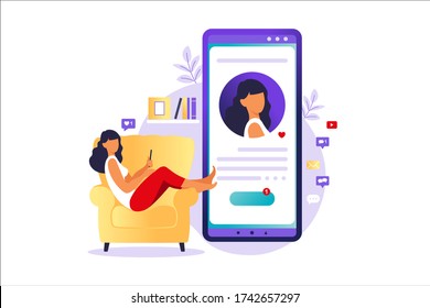 Social media profile. Smartphone with a woman avatar, text and button. Concept of social media, virtual relationship communication. Different icons with likes. Vector illustration in fla