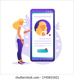 Social media profile. Smartphone with a woman avatar, text and button. Concept of social media, virtual relationship communication. Different icons with likes. Vector illustration in flat.