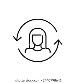 Social media profile update and digital persona transformation. Female avatar in renew arrows. Pixel perfect vector icon