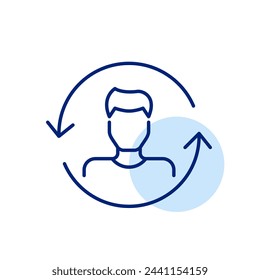 Social media profile update and digital persona transformation. Male avatar in renew arrows. Pixel perfect vector icon