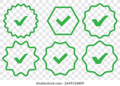 Ícone do selo Verificado de mídia social e perfil. Verificar e Aprovado, Aceitar, Ícone de selo verificado Instagram. ilustração vetorial. Marca de verificação verde ícone vetor conjunto. marca de seleção verde ícone vetor conjunto