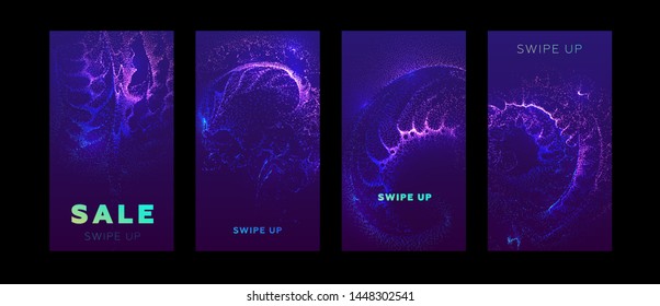 Social media promo sale templates set with swipe up buttons. Liquid dynamic particles fluid flow. Eps10 vector illustration