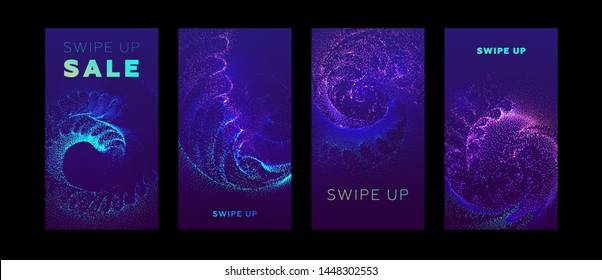 Social media promo sale templates set with swipe up buttons. Liquid dynamic particles fluid flow. Eps10 vector illustration