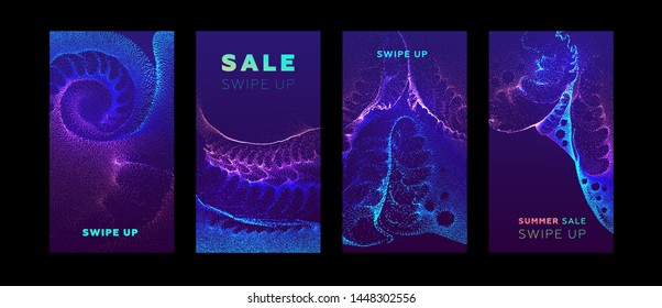 Social media promo sale templates set with swipe up buttons. Liquid dynamic particles fluid flow. Eps10 vector illustration