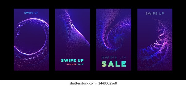 Social media promo sale templates set with swipe up buttons. Liquid dynamic particles fluid flow. Eps10 vector illustration