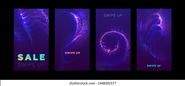 Social media promo sale templates set with swipe up buttons. Liquid dynamic particles fluid flow. Eps10 vector illustration