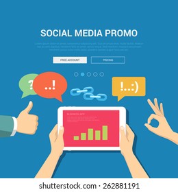 Social media promo showcase mockup modern flat design vector illustration concept. Hands graphic tablet chat bubbles links like okay appreciate. Web banner promotional materials template collection.