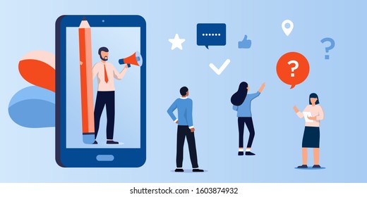 Social media promotion, call through the horn, online alerting. Communication via the Internet, networking, chat, news, messages, web site, search friends. People talking in group chat 