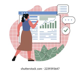 Social media promotion concept. Young female SEO specialist analyzes sales statistics and attracts new customers through online advertising. Digital Marketing. Cartoon flat vector illustration