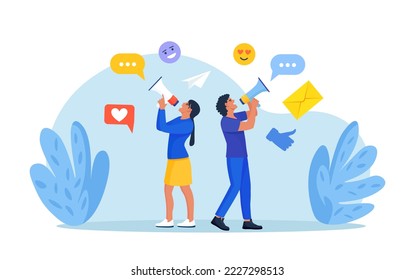 Social Media Promotion and Digital Marketing. People Standing and Use Loudspeaker to Communicate with Audience. Marketing Announcement. PR Agency Teamwork. Content Strategy and Management. Advertising