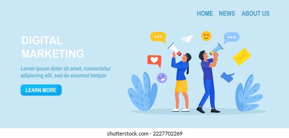 Social Media Promotion and Digital Marketing. People Standing and Use Loudspeaker to Communicate with Audience. Marketing Announcement. PR Agency Teamwork. Content Strategy and Management. Advertising