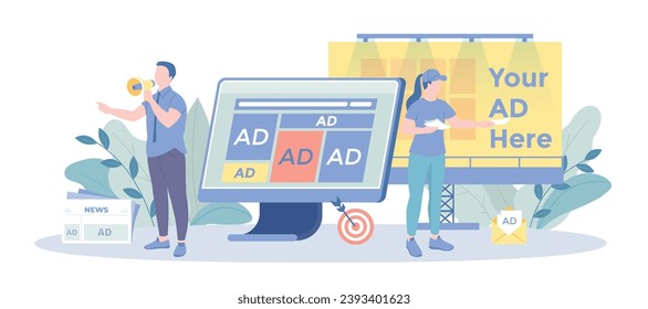Social Media Promotion, Digital Marketing. PR Agency Team work to attract customers. Advertising campaign, branding, online promotion, e-commerce. Vector illustration with character situation for web.