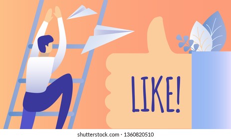 Social Media Promotion Flat Vector Illustration. Man Climbing Ladder Cartoon Character. Marketing Business, Customer Attraction. Audience Growth. SMM Banner with Lettering and Thumbs up, Like