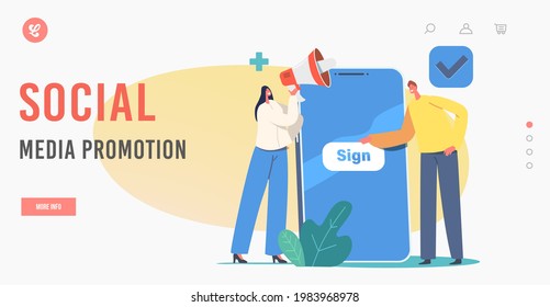 Social Media Promotion Landing Page Template. New User Online Registration and Sign Up. Tiny Characters Signing Up on Huge Smartphone Mobile Application, Web Promo. Cartoon People Vector Illustration