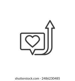 Social Media Promotion line icon. linear style sign for mobile concept and web design. Speech bubble with heart and upward arrow outline vector icon. Symbol, logo illustration. Vector graphics