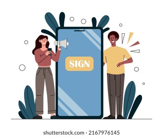 Social Media Promotion. Man and woman with loudspeaker next to smartphone. Modern methods of marketing. SMM workers inform customers about special offers and sales. Cartoon flat vector illustration