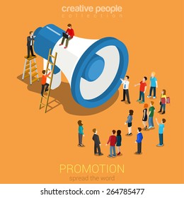 Social media promotion online marketing flat 3d web isometric infographic modern technology communication concept. Huge loudspeaker micro people listening. Spread the word. Creative people collection. 