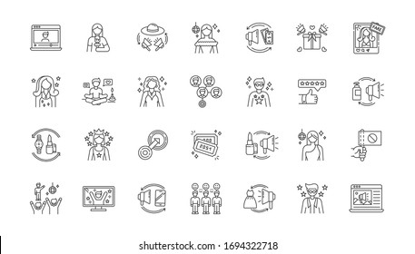Social media promotion pixel perfect linear icons set. Digital marketing with influencers. Customizable thin line contour symbols. Isolated vector outline illustrations. Editable stroke