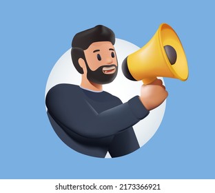 Social media promotion scenes. 3D Character using big loudspeaker to communicate with audience. 3D Business promotion, advertising, call through the horn, online alerting. Offering sale and discount