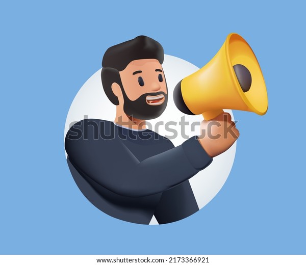 Social media promotion scenes. 3D Character\
using big loudspeaker to communicate with audience. 3D Business\
promotion, advertising, call through the horn, online alerting.\
Offering sale and\
discount