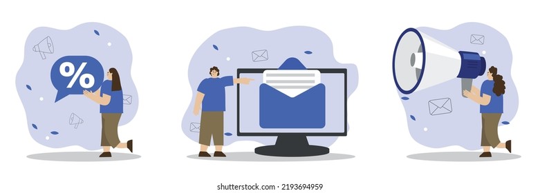 Social media promotion scenes. Characters using big loudspeaker to communicate with audience, sending advertising emails, offering sale and discount. Flat cartoon vector illustration and icons set.