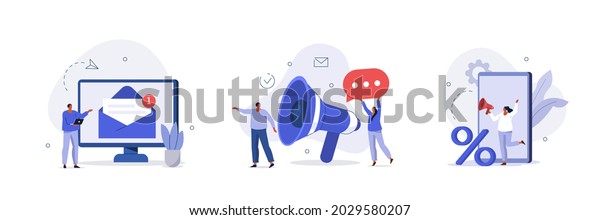 Social media promotion scenes. Characters using big\
loudspeaker to communicate with audience, sending advertising\
emails, offering sale and discount. Flat cartoon vector\
illustration and icons\
set.